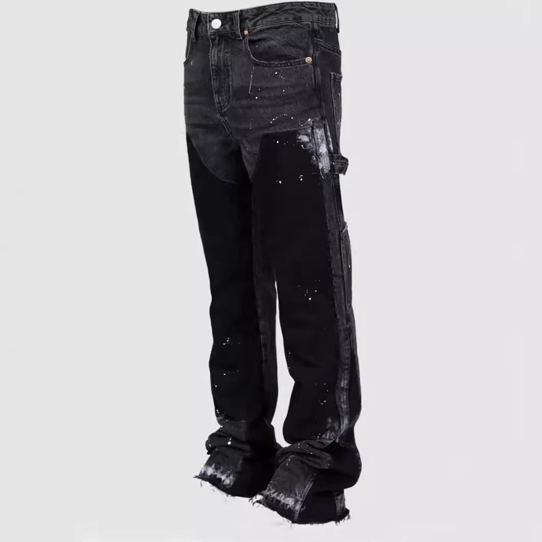 Men's denim overalls European and American fashion ins overalls hot-selling elastic patch denim layered flared pants