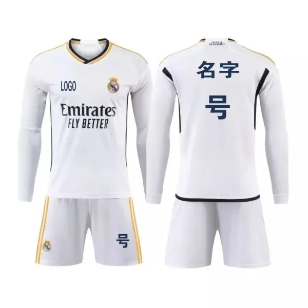 Real Madrid Home Kit White Long Sleeve Jersey and Shorts Set - 1