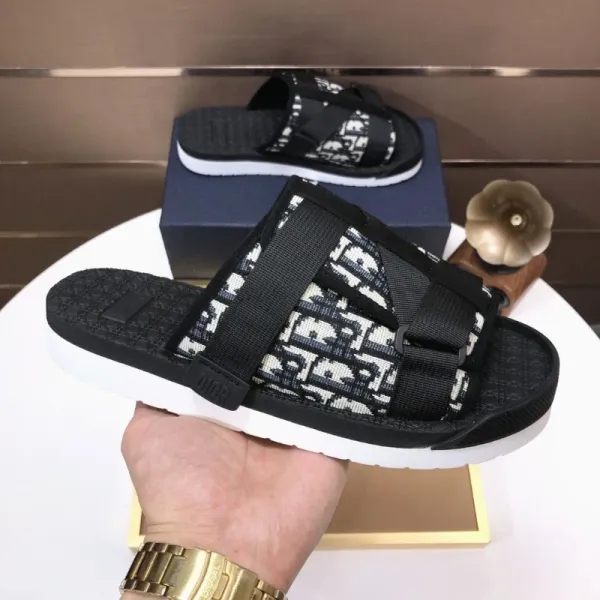 Dior Oblique Slide Sandals Black and White Slippers - 1