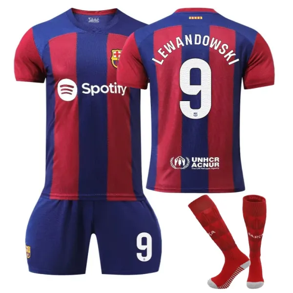 FC Barcelona 2023-24 Home Jersey Set with Lewandowski #9 in Red and Navy - 1