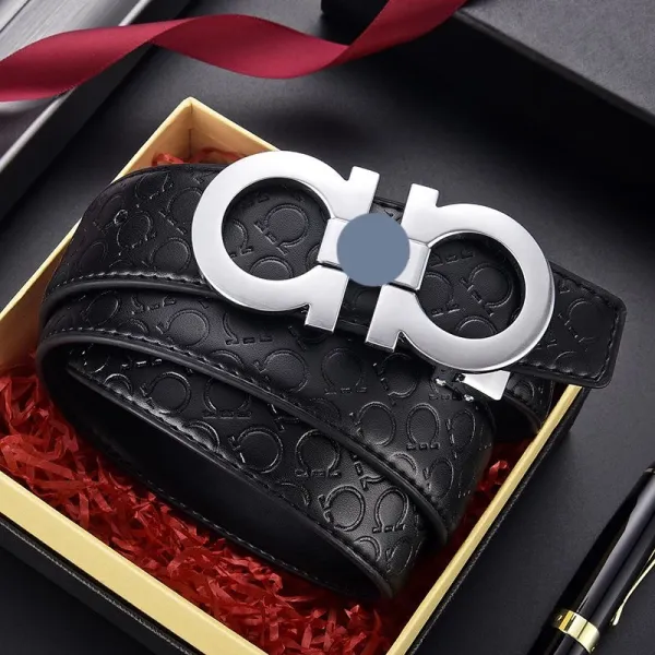 Design Gancini-Style Buckle Black Leather Belt - 12