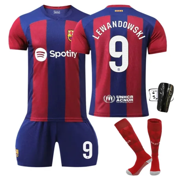 FC Barcelona 2023-24 Home Jersey Lewandowski #9 Red Blue Striped Kit - 1