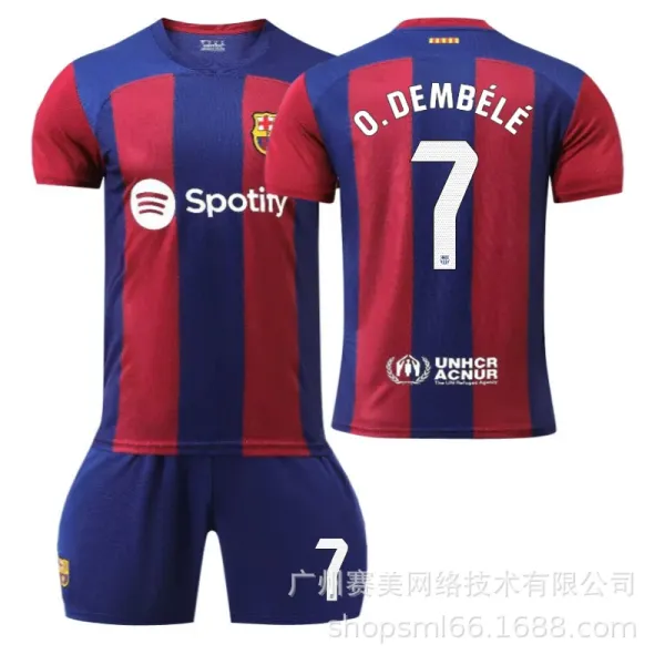 FC Barcelona Ousmane Dembélé Home Jersey 2023-24 Red and Blue Striped Soccer Kit - 1