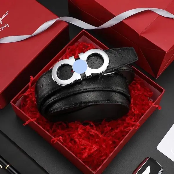 Design Gancini-Style Buckle Black Leather Belt - 16