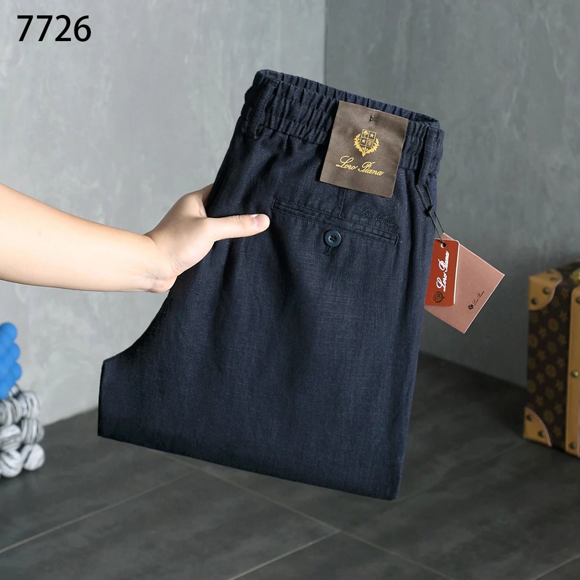Loro Piana Trousers Elasticated Waistband with Buttoned Back Pocket — Navy Blue