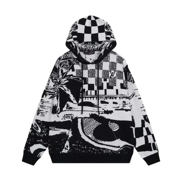 Louis Vuitton Checkerboard Palm Print Knit Hoodie Black and White - 1