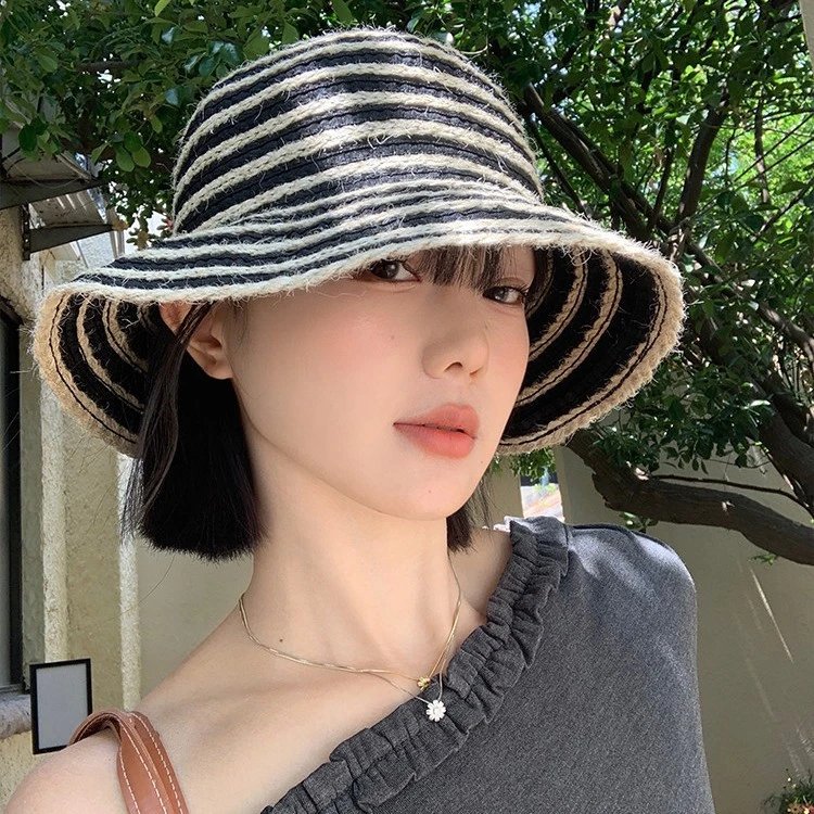 系复古条纹渔夫帽女夏季透气显脸小遮阳防晒出游海边沙滩草帽子