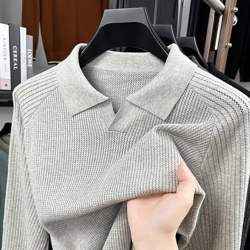 Men's Pure Cotton Long-Sleeve Knitted Polo Shirt with Pointed Collar, Versatile & Trendy Base Layer Top for Spring/Autumn