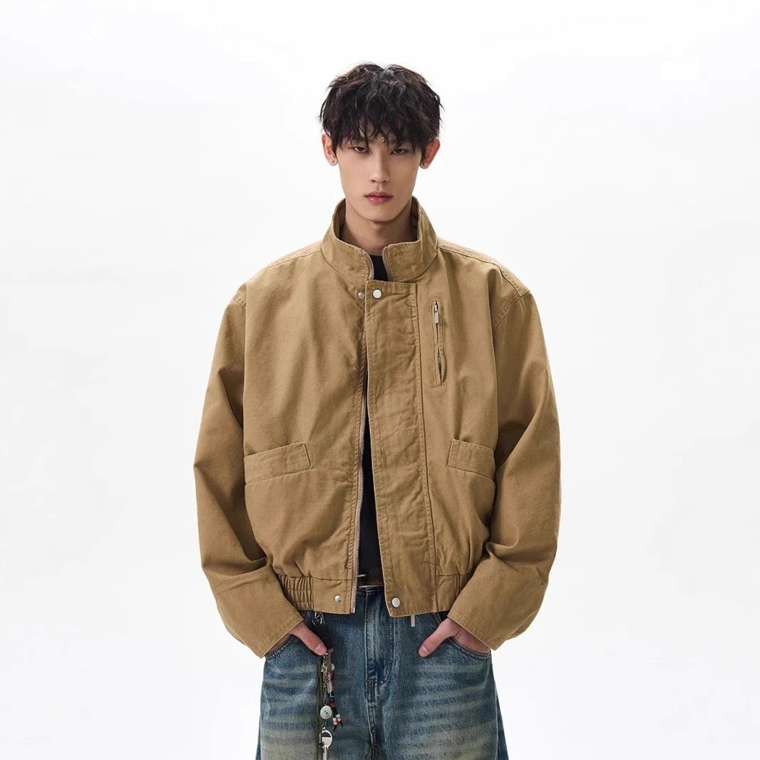 Vintage Washed Canvas Pilot Jacket with Stand Collar, Unisex Workwear Outerwear