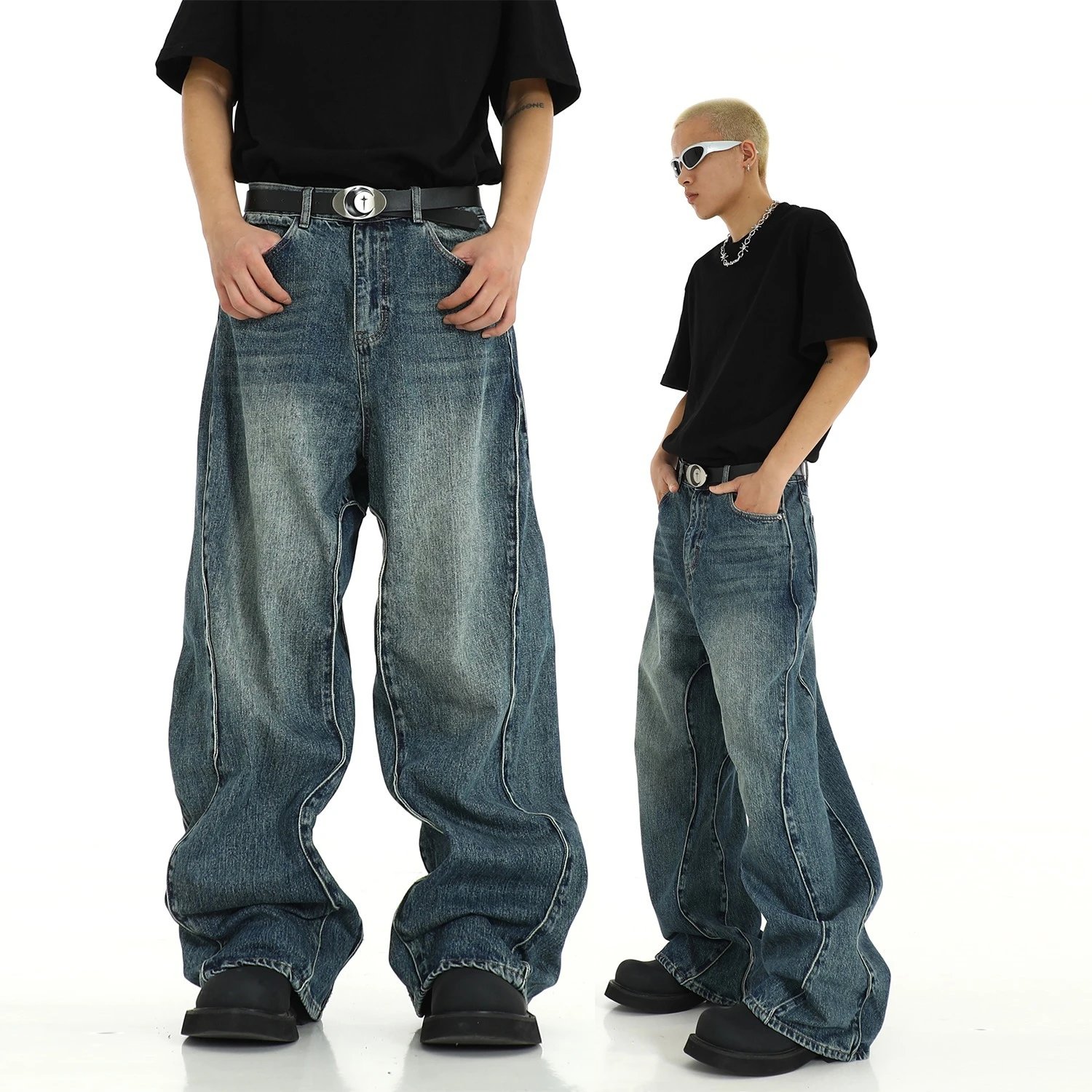 Vintage Curved-Stitch Denim Jeans for Men and Women, Washed Relaxed Wide-Leg Straight Trousers