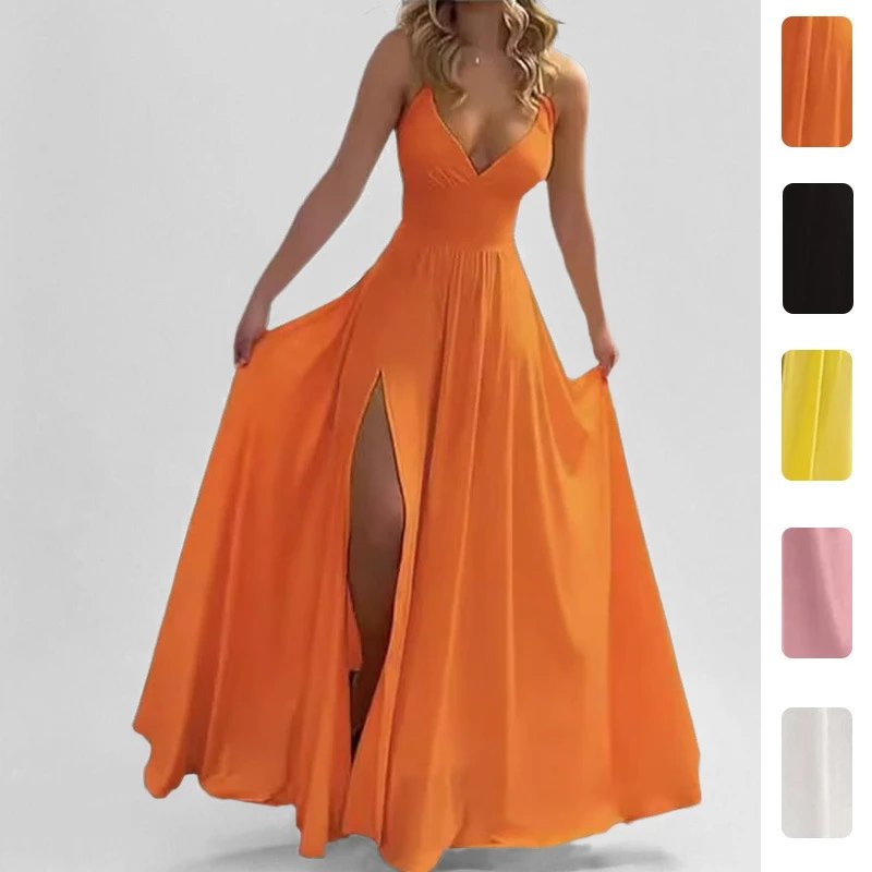 2026 Spring New Women's Strap Dress, Fashionable and Sexy Split Solid Color Long Dress