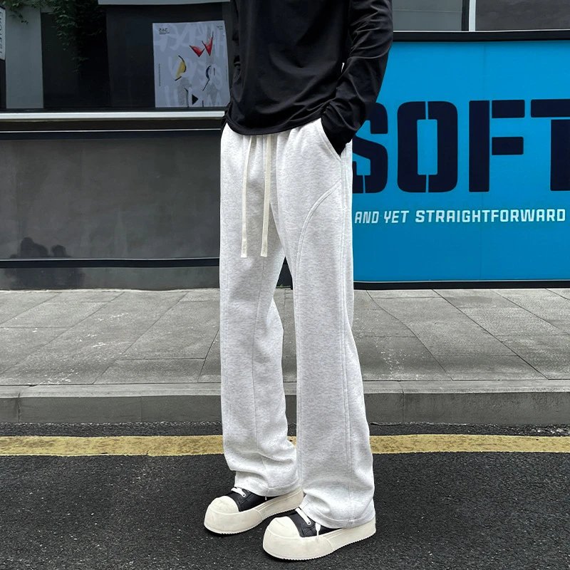 American style patchwork micro flared casual pants for men, versatile straight leg sweatpants, loose sports drawstring pants