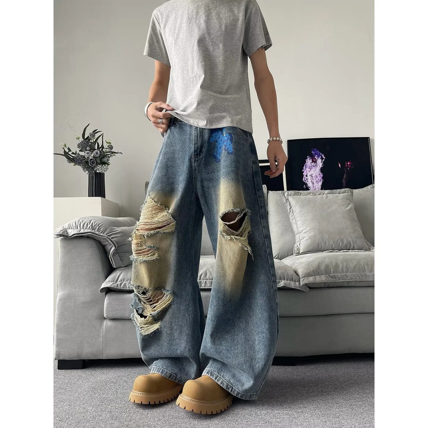 Vintage Distressed Ripped Slub Denim Jeans for Men and Women, Loose Wide Leg, Trendy New Style