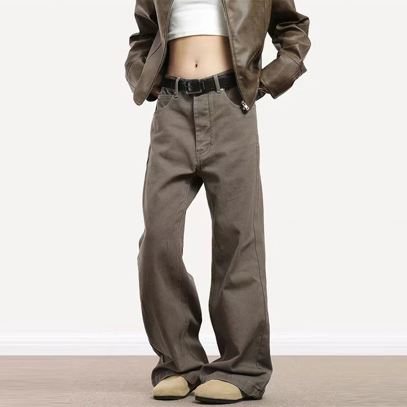 New Maillard Vintage Washed Denim Jeans for Men and Women, Y2K Loose Wasteland Style Brown Bootcut Casual Straight-Leg Pants