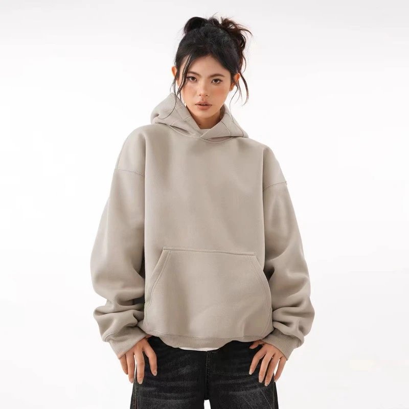 Men's Pure Cotton Hooded Sweatshirt Autumn Minimalist Versatile Fleece-Lined Hoodie American Style Solid Color Couple Top