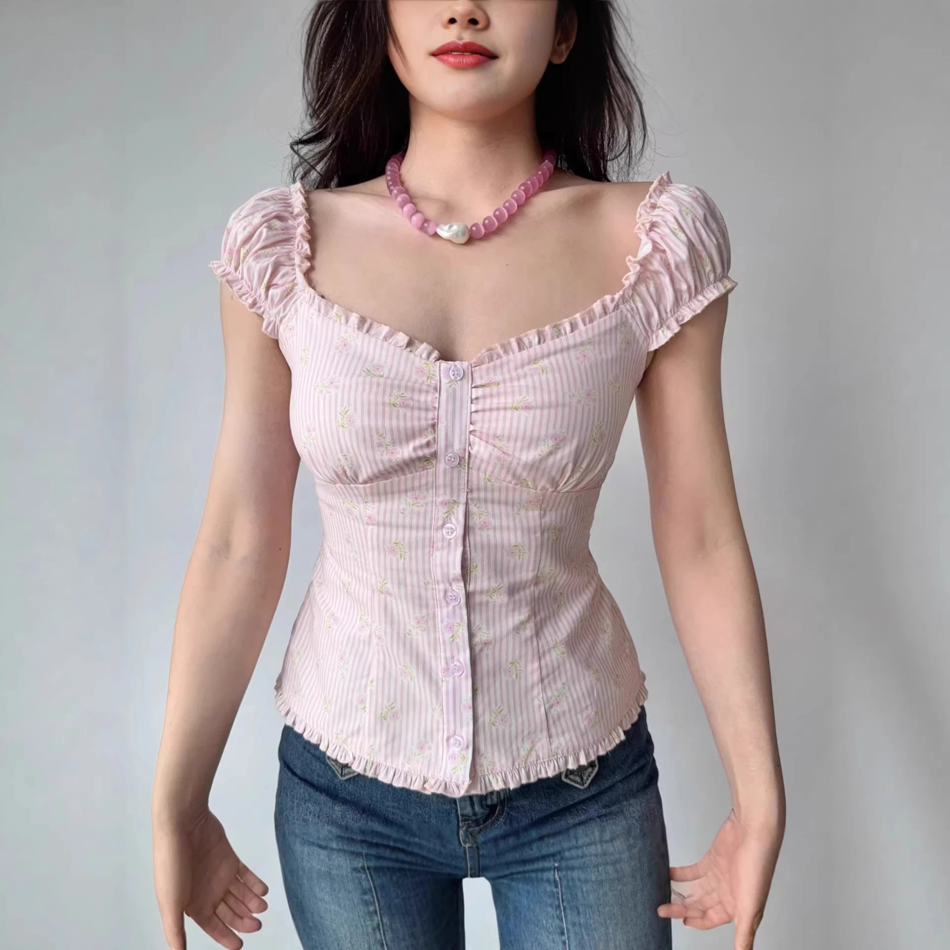 女装泡泡袖衬衫上衣法式百搭修身短袖