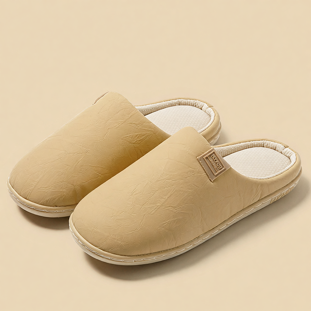 Khaki [Leather-lined cotton slippers]