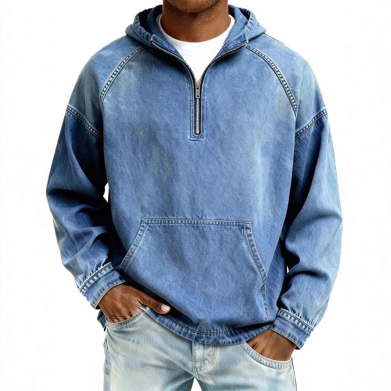 Men's zippered solid color top, worn and washed denim casual hooded sweatshirt for men