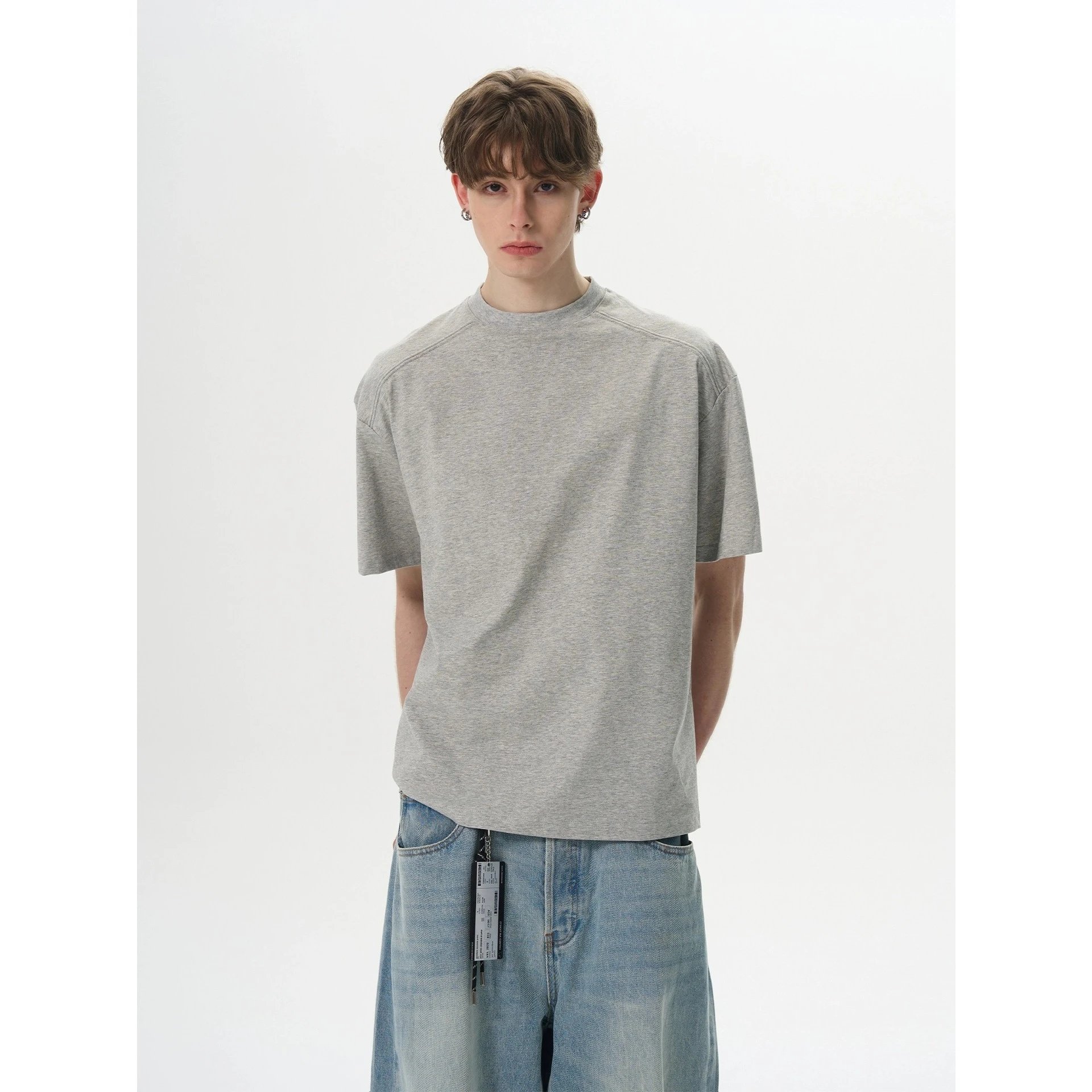 American Style Deconstructed Short Sleeve T-Shirt Men Cool Touch Fabric Solid Color Couple Top