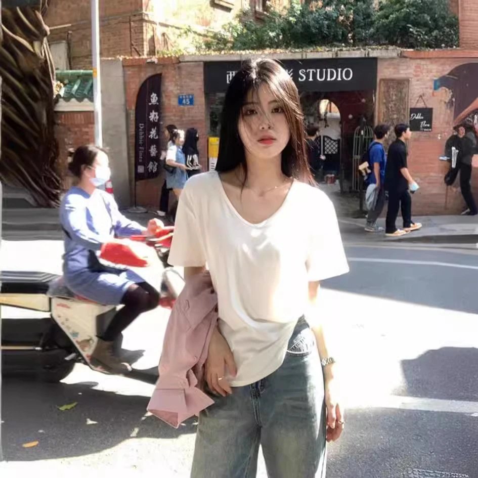 夏季V领短袖T恤女薄款纯色白色打底衫宽松显瘦休闲t恤上衣