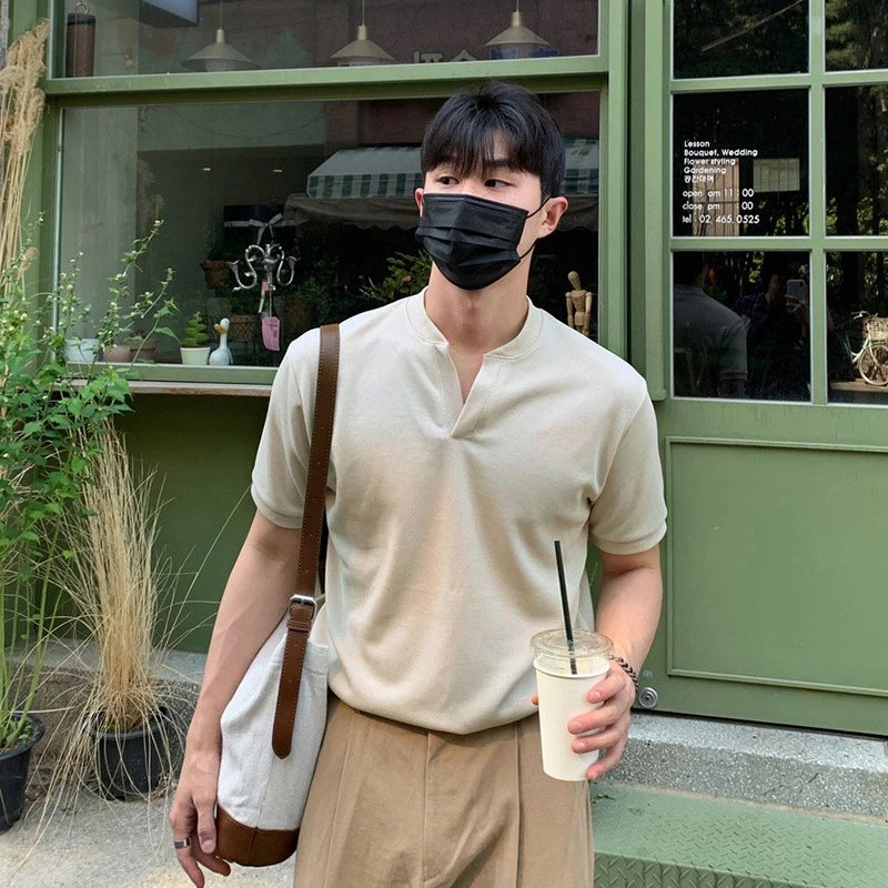 亨利衫打底衫V领纯棉夏季短袖上衣简约半袖