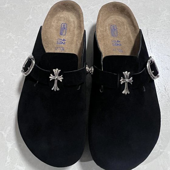 【 In stock 】 Cross black Boken shoes for women, thick soled Boken for lazy people, one foot, real leather bag, half drag shoes