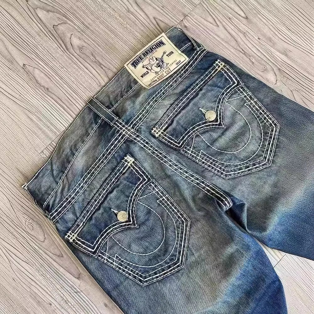 Cross border e-commerce American high street trendy brand jeans, white thick thread Buddha Religion straight leg casual pants for men
