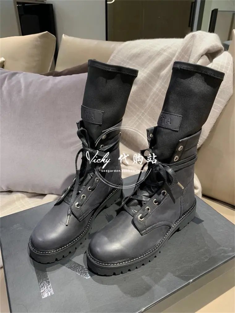 代购女鞋RtA denim女靴中筒短靴子马丁靴杨幂同款绑带拉链机车靴