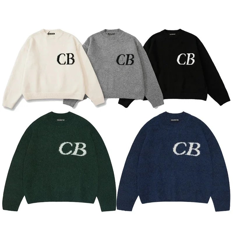 Small niche minimalist letter CB jacquard female couple's loose round neck sweater