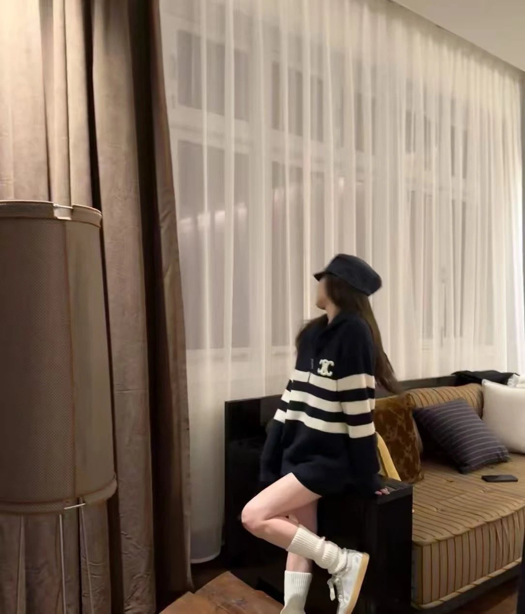 Celine CC Logo Half-Zip Striped Sweater in Cream and Navy - 6
