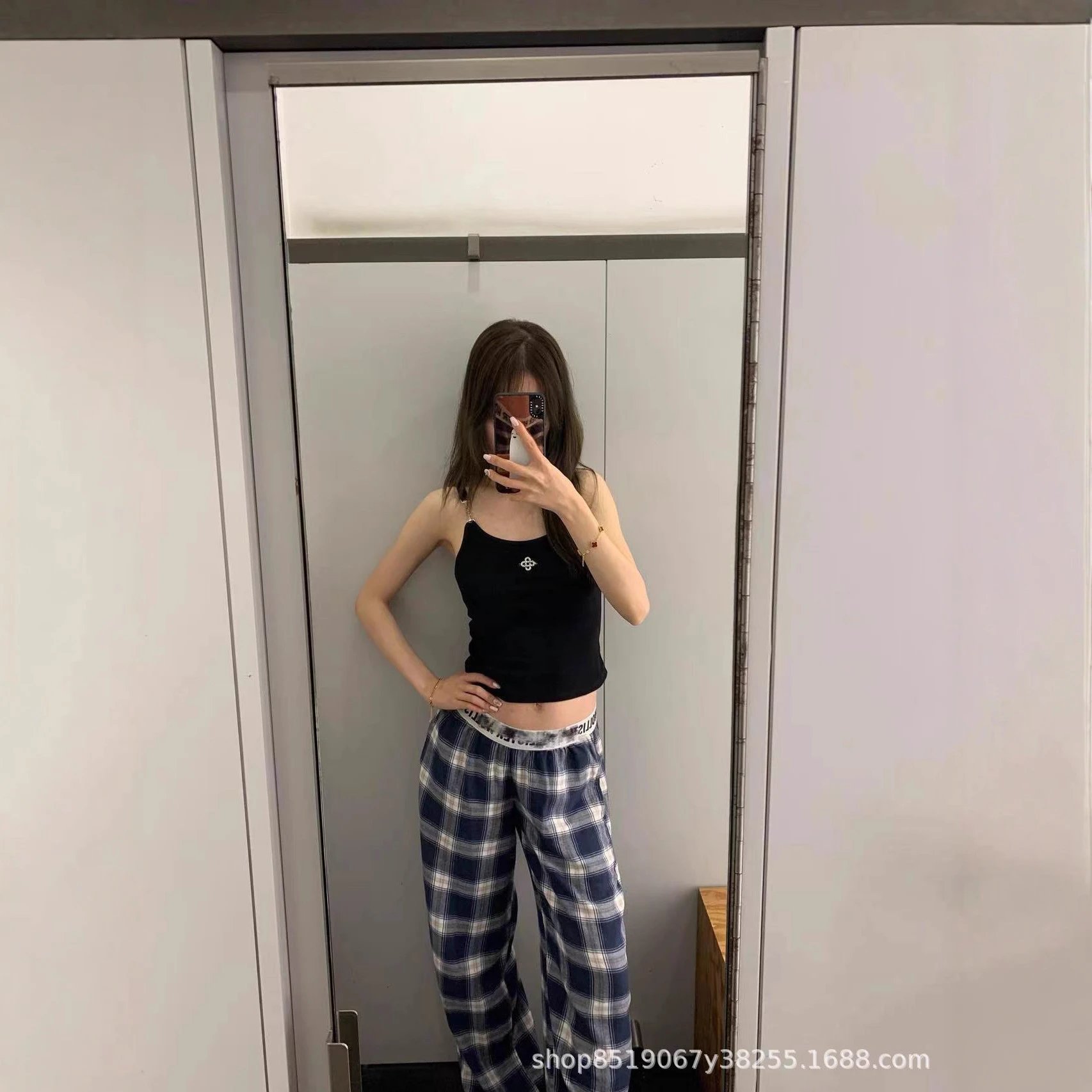 Unbranded Trousers Plaid wide-leg with elastic logo waistband image 4