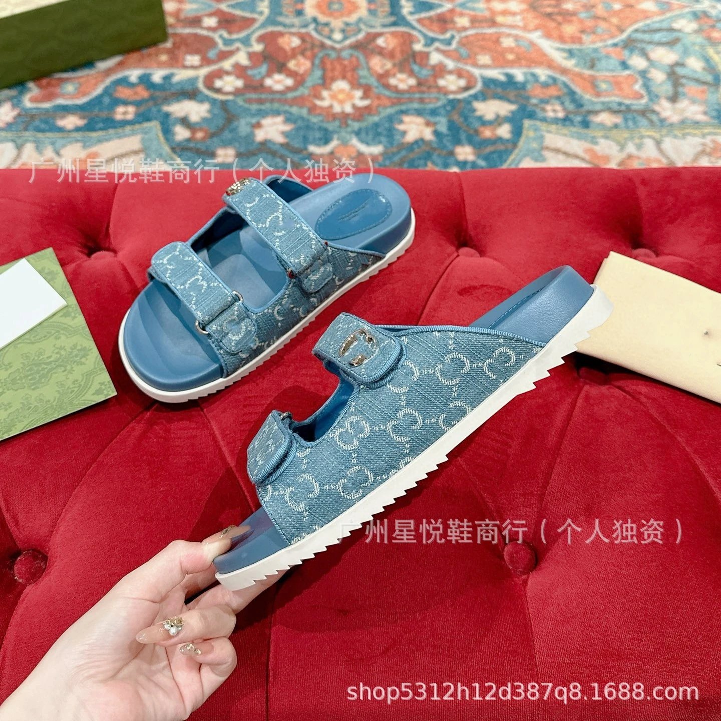 Gucci GG Marmont Slide Sandals Blue Denim-Print - 9