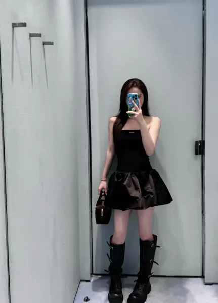 Miu Miu Smocked Satin Mini Dress Black - 10