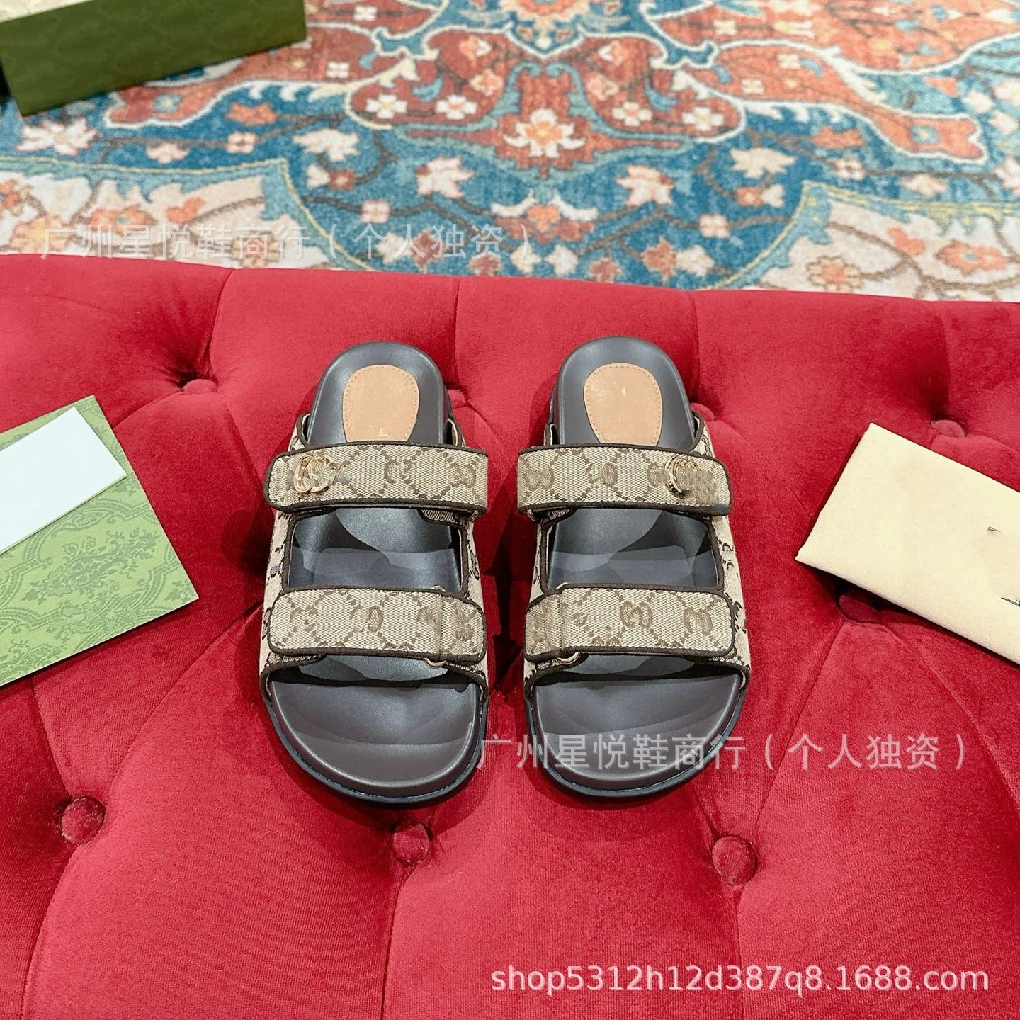 Gucci GG Marmont Slide Sandals Blue Denim-Print - 12