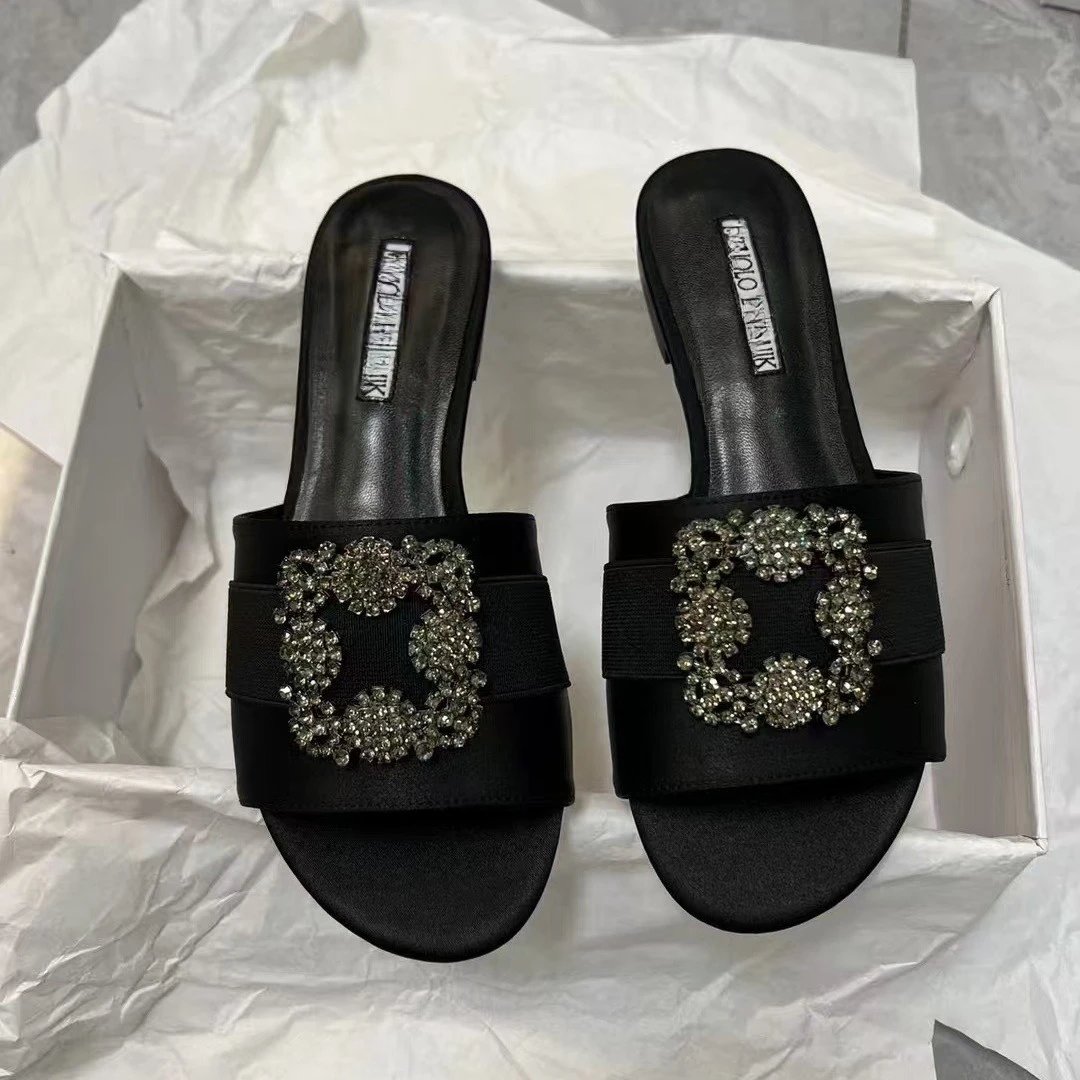 Manolo Blahnik Slippers Flat Satin Slides with Rhinestone Buckle image 2