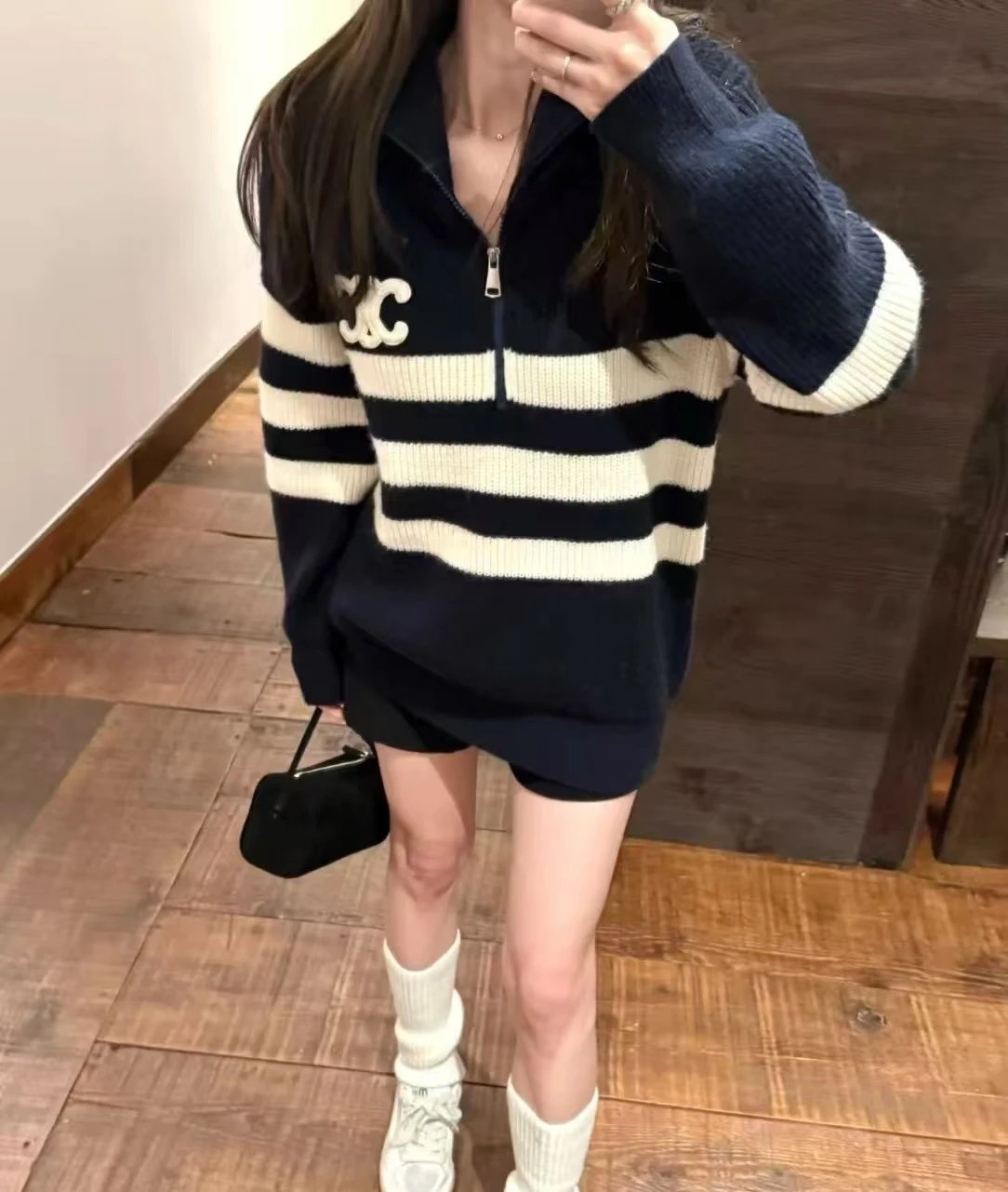 Celine CC Logo Half-Zip Striped Sweater in Cream and Navy - 7