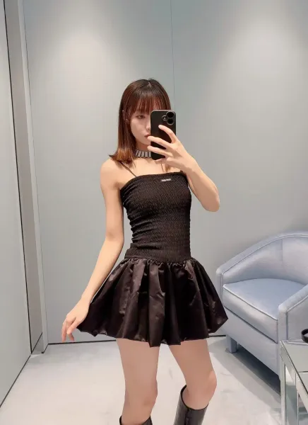 Miu Miu Smocked Satin Mini Dress Black - 6