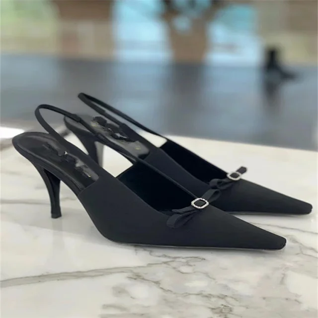 Unbranded High Heels Black satin slingback stiletto with pointed toe and crystal buckle bow product detail image 1
