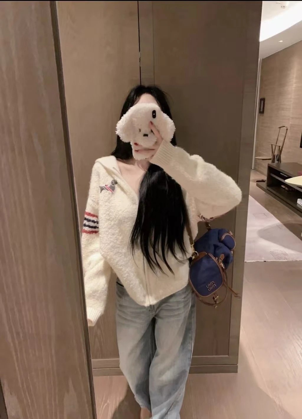 Thom Browne x Dog Motif Sherpa Hoodie in Navy and Ivory - 8