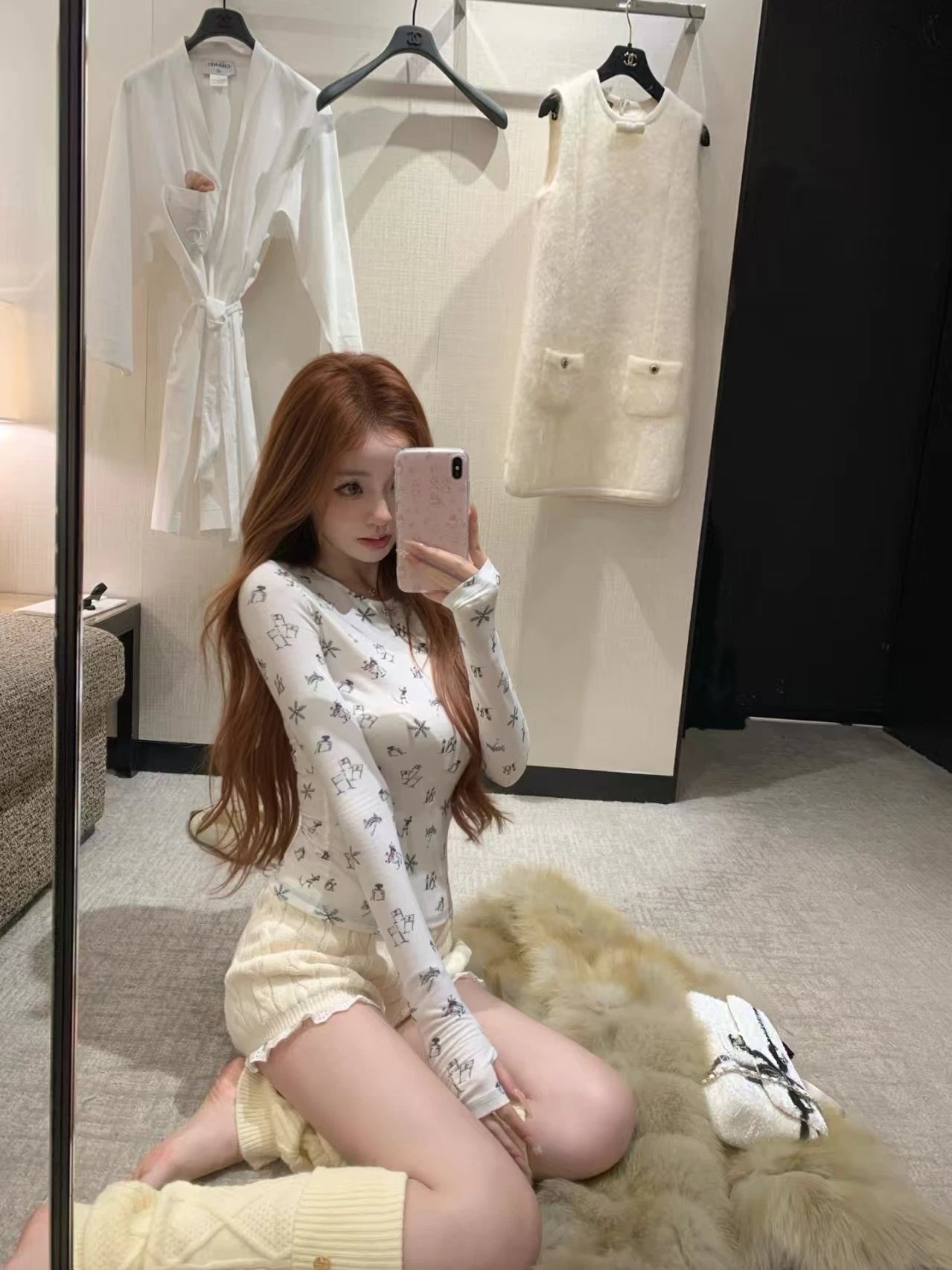 Chanel-Style Earmuffs + Printed Long-Sleeve Top + Cable-Knit Shorts Set - 7