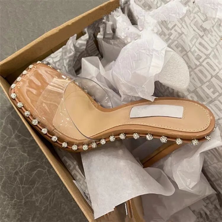 Unbranded High Heels Transparent square-toe stiletto mule sandals with rhinestone trim image 4
