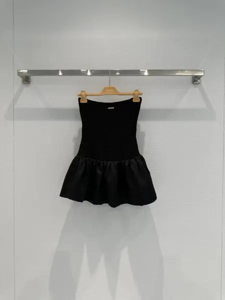 Miu Miu Smocked Satin Mini Dress Black - 4
