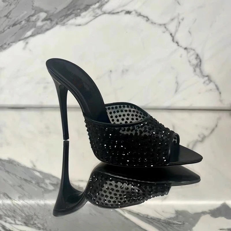 Unbranded High Heels Rhinestone Mesh Open-Toe Stiletto Mules image 2