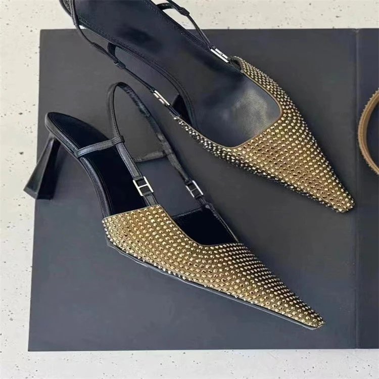 Valentino Garavani Rockstud Spike Pointed-Toe Slingback Heels in Gold and Black - 4