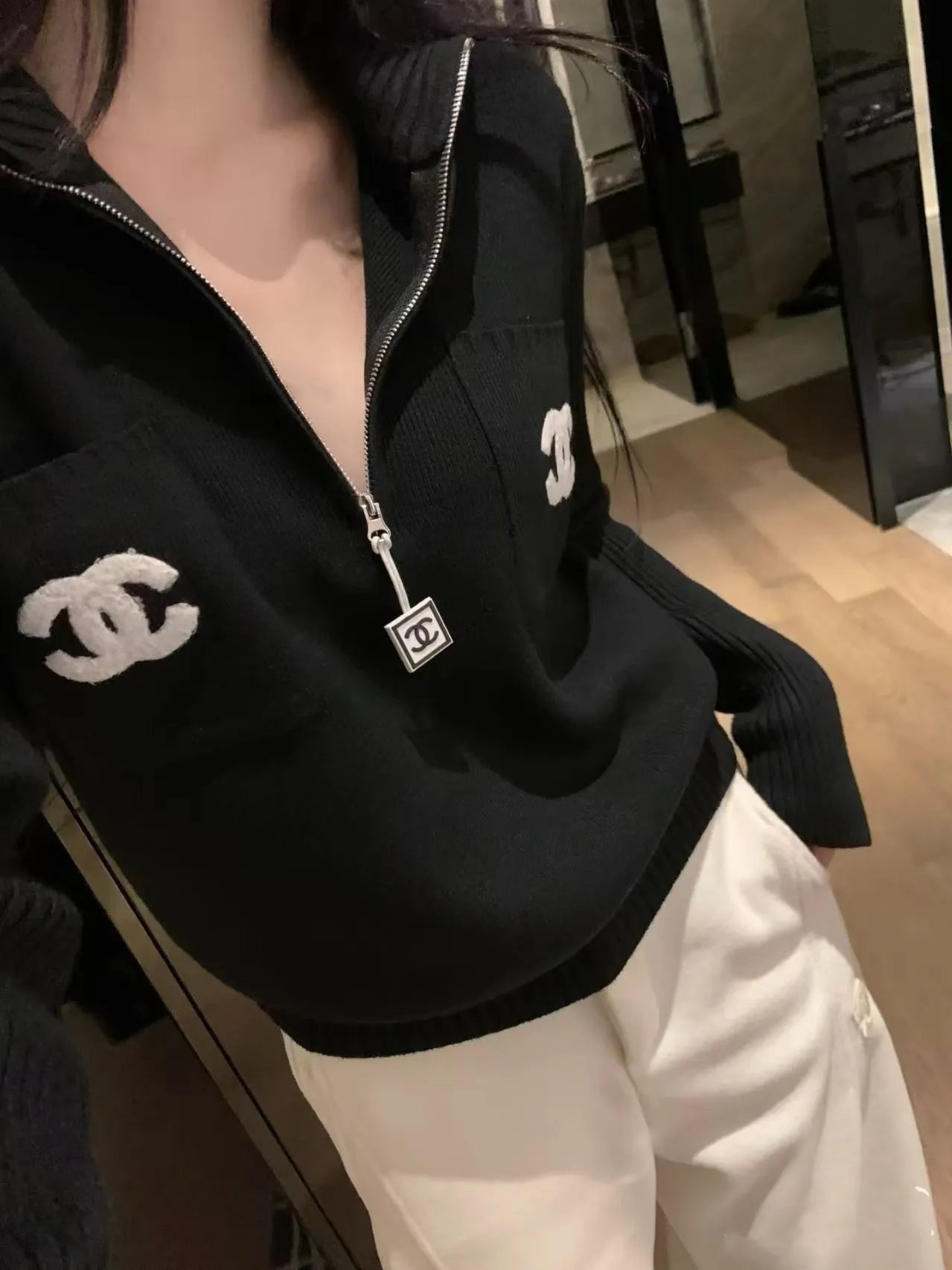 Chanel CC Logo Half-Zip Knit Sweater Black and White - 7