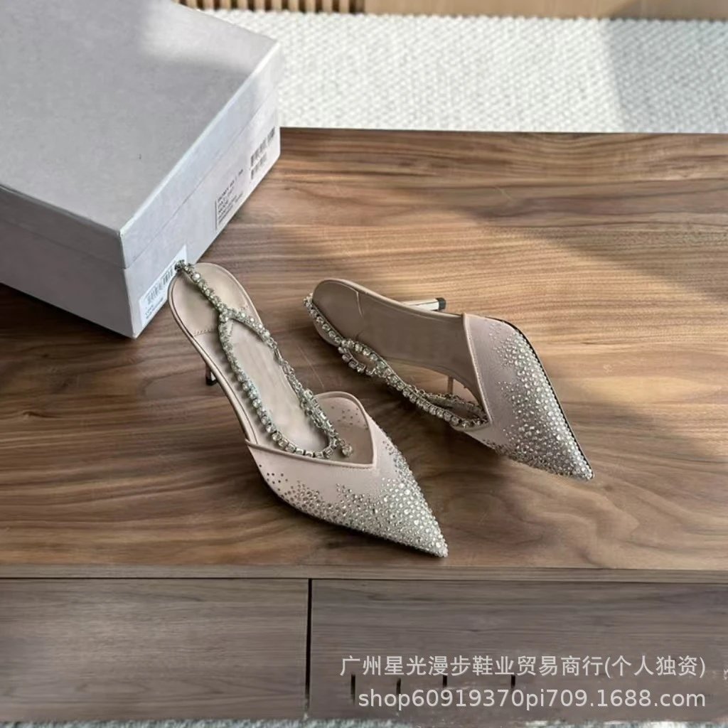 Studded Pointed-Toe Mule Heels in Black, Beige, and White - 8