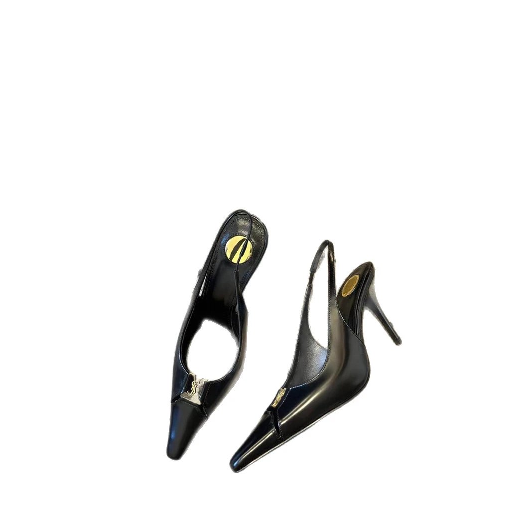 Saint Laurent High Heels Pointed-Toe Slingback with Gold YSL Logo image 5