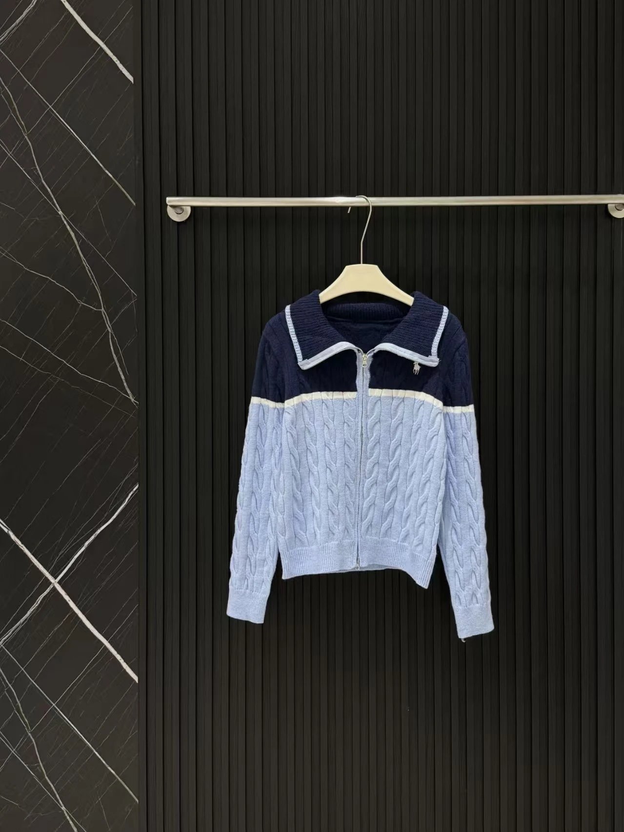 Polo Ralph Lauren Cable Knit Zip-Up Sweater Jacket in Black and Light Blue - 3