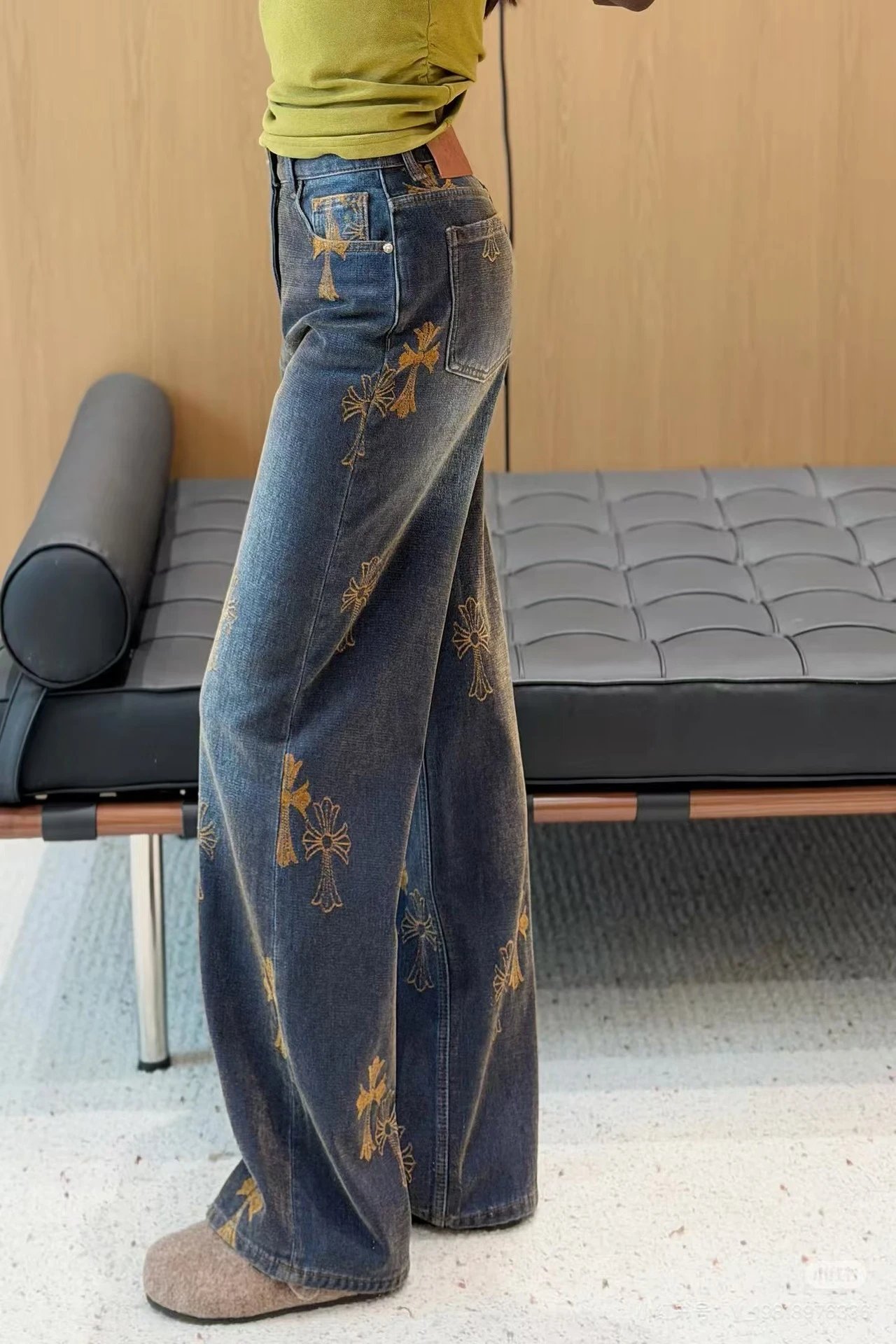 Gallery Dept. Embroidered Cross Motif Wide-Leg Jeans Blue - 6
