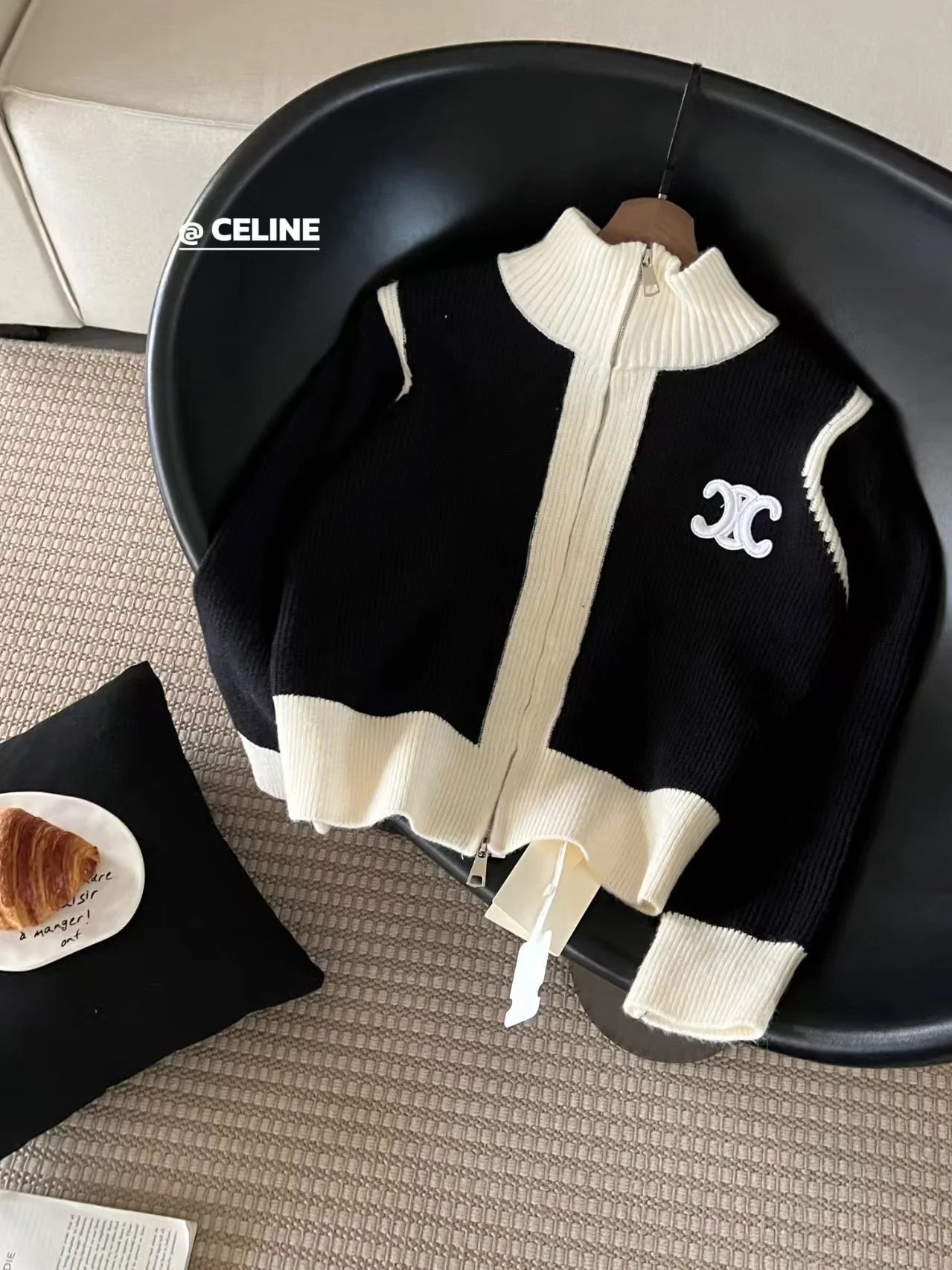 Celine CC Logo Ribbed Knit Zip-Up Sweater Beige and Black - 3